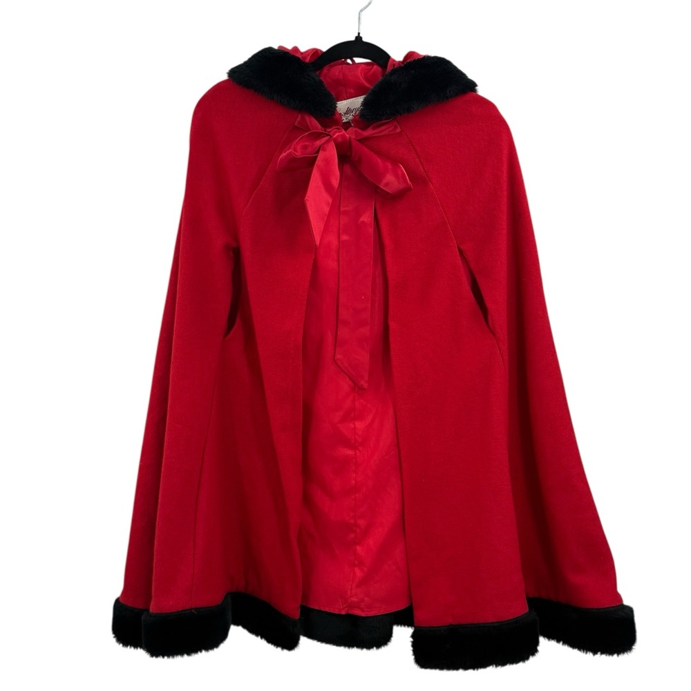 Vintage 80s Storybook Holiday Heirlooms Red Hooded Cape Faux Fur Trim Cloak USA